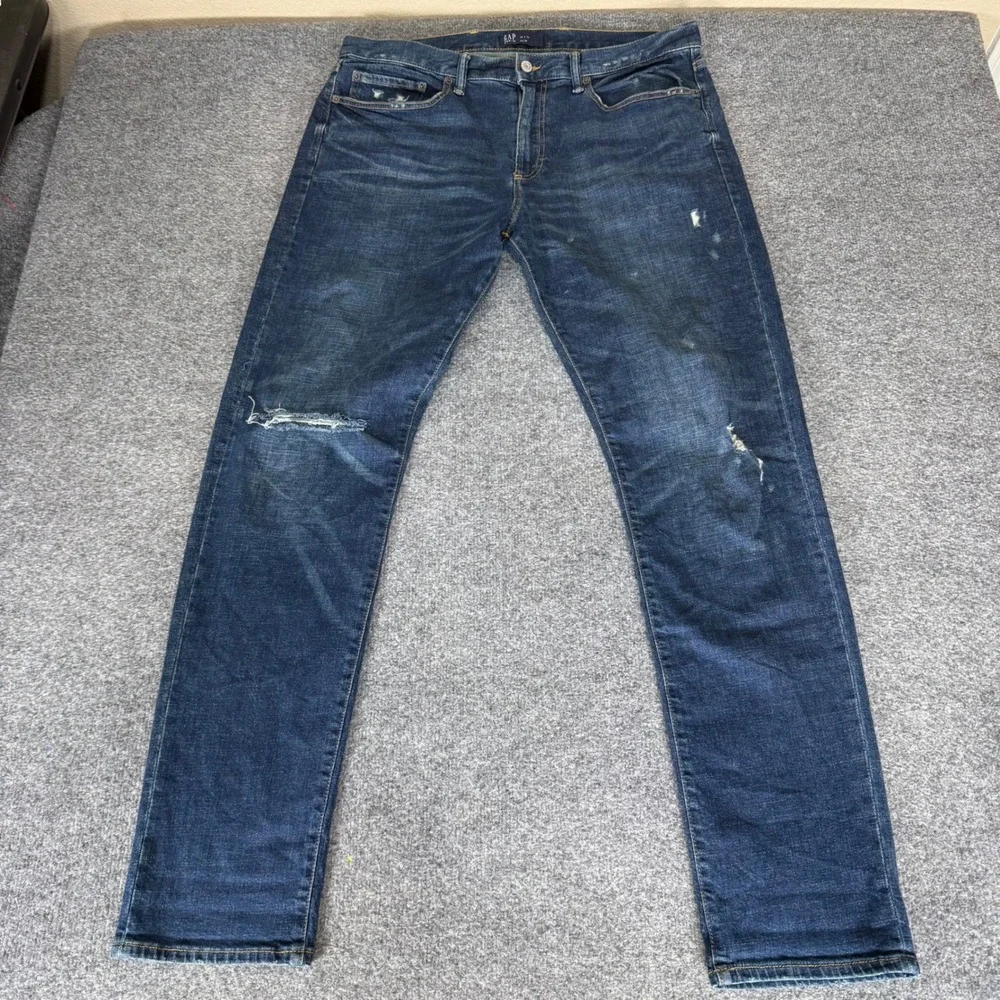 Gap Denim Slim Fit Distressed Jeans Mens 38x34 Dark Wash Blue Stretch Denim Pant